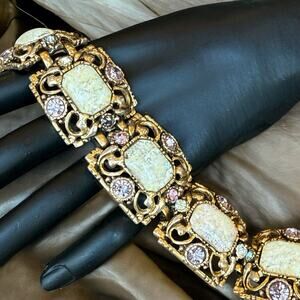 Vintage Panel Link Bracelet Rectangle Glass Cabochon Colorful Rhinestones 7.25”